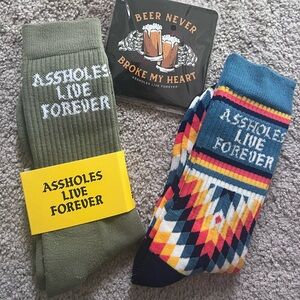 Assholes live forever socks, coaster and flag